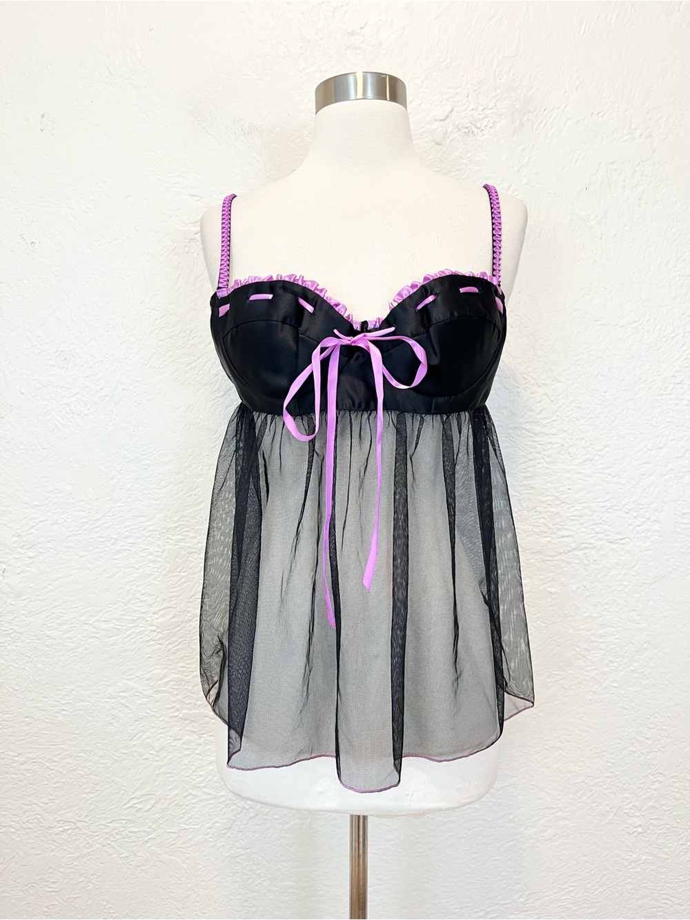 Vintage 90s Y2K Babydoll Lingerie Top Sheer Black Mesh Shirley of Hollywood XL
